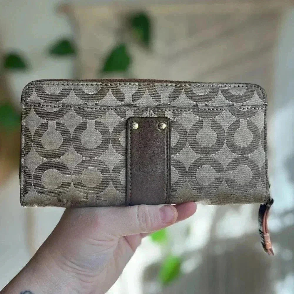 Coach Signature Canvas Zip-Around Accordion Wallet with Belt Buckle Detail